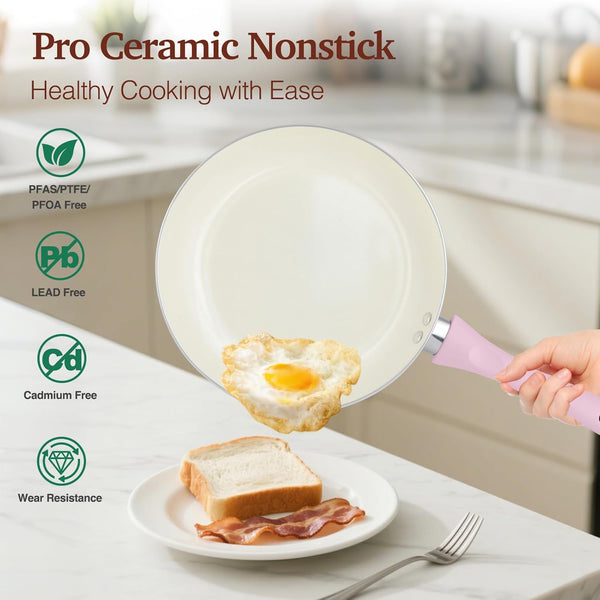 Pots and Pans Set Non Stick, 11Pcs Pink Ceramic Cookware Set | Compact Nonstick Cooking Set, Induction Cookware Set, PFOA & PFAS Free, Non-Toxic, Easy Food Release, Easy to Clean3