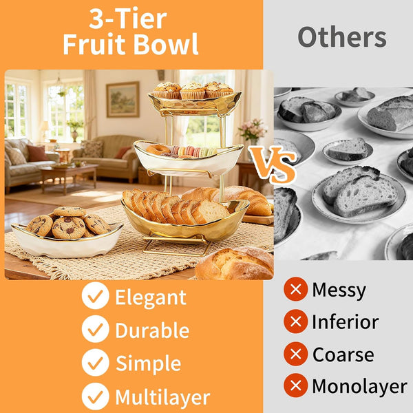 3 Tier Ceramic Fruit Bowl for Kitchen Counter with Metal Rack, Fruit Basket with Stand, Porcelain Bowls for Vegetable Bread Candy Snack Nuts Dessert Cake Tray (Gold 3 Layer)3