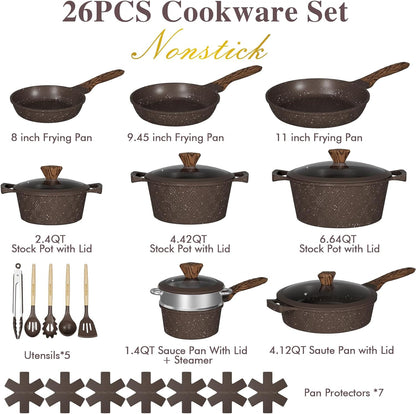 26PCS Pots and Pans Set Non Stick, Nonstick Cookware Sets, Induction Cook Ware, Includes Steamer & Silicone Utensils, Housewarming Gift, Kitchen Cooking Sets W/Frying Pan (PFOS, PFOA Free)2