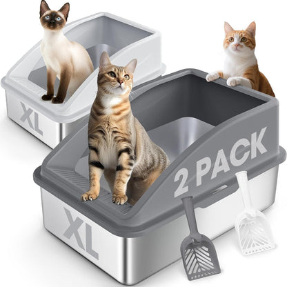 2 Pack Stainless Steel Litter Box | XL Enclosed Cat Litter Boxes with Lid for Big Cats and Multi-Cats | High Sided, Anti-Urine Leakage | Non-Stick Bottom（Dark Gray）11
