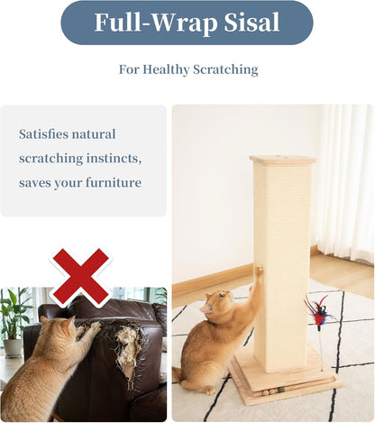 Sturdy Cat Scratching Post for Indoor Cats & Kittens, Classic Single Post with Sisal Rope, Jute Fiber, Wood Base3