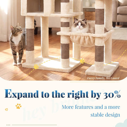 Hey-Brother Cat Tree Tower, Wide Base, 5 Platforms for Multi-Cats, MPJ074MJ | 72.8 Inches Tall Furniture, 5 Plush Beds, Large Condo, Big Hammocks, Sisal Scratching Posts, for Indoor Adult Cat Beige Brown3