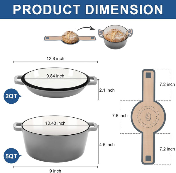 5 Quart Enameled Cast Iron Dutch Oven, 2 in 1 Dutch Oven Pot with Skillet Lid and Silicone Bread Sling, Ideal for Bread Baking, Cooking, Stewing, Frying, Induction & Oven Safe - Grey2