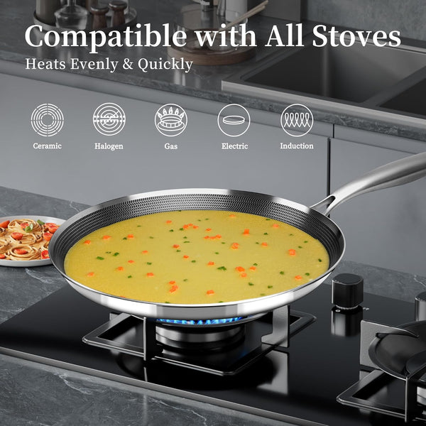 12 Inch Stainless Steel Crepe Pan,Nonstick Dosa Tawa | Honeycomb Nonstick Coating, Pfoa-Free.Compatible with All Stoves. Easy to Clean.Oven Safe&Dishwasher Safe6