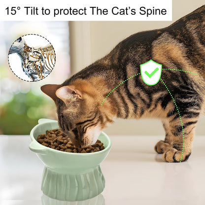 Elevated Cat Food Bowl,8 Oz Ceramic Raised and Tilted Water Bowl,Anti Vomiting and Protect Pets Spines Dishes for Fat Faced Cat, Indoor Cats,Kitten,Small Dog (White)3
