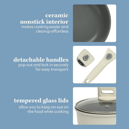 Sur La Table Kitchen Essentials 13 Piece Detachable Handle Pots and Pans Premium PFA Free Premium Ceramic Non Stick Induction Safe and Secure Removable Handle Cookware Set - Eggshell White6