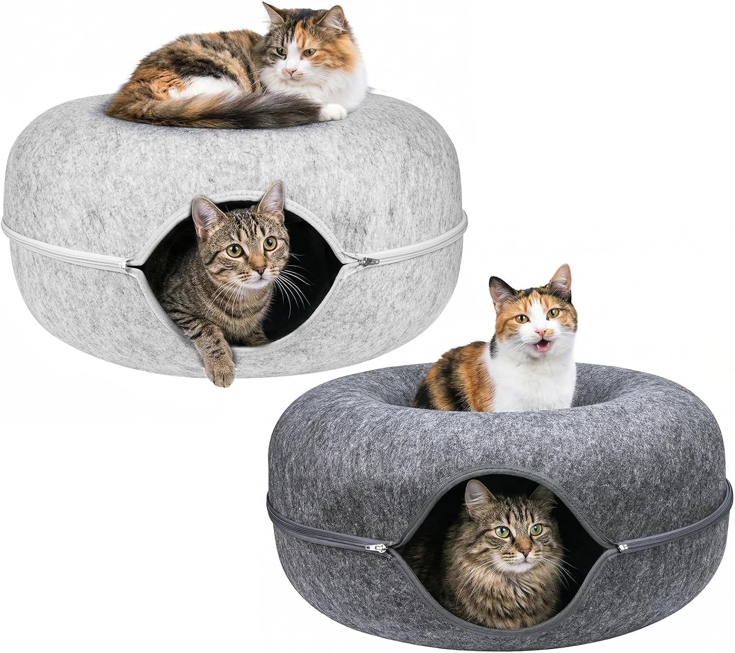cat-tunnel-bed-for-heavy-big-cats-up-to-45-lbs-24-donut-cat-bed-for-multi-cat-home-premium-detachable-zipper-felt-anti-scratch-cat-cave-bed-roomy-non-collapsing-cat-hideaway-peekaboo-toy