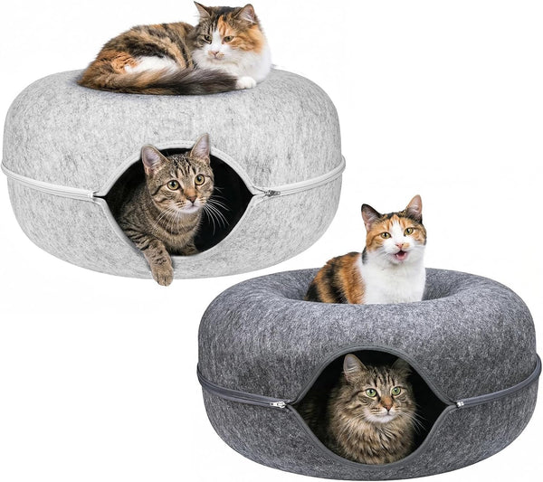 Cat Tunnel Bed for Heavy Big Cats up to 45 Lbs - 24" Donut Cat Bed for Multi-Cat Home - Premium Detachable Zipper Felt Anti-Scratch Cat Cave Bed - Roomy Non-Collapsing Cat Hideaway & Peekaboo Toy11