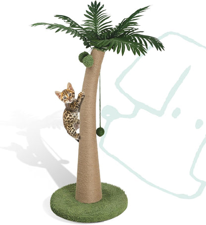 33" Tall Cat Scratching Post, Natural Jute Cat Scratcher for Indoor Cats,Coconut Tree & Straw Design with Hanging Toy Ball & Rest Platform,Stable Furniture Protector for Kittens & Adult Cats,M9