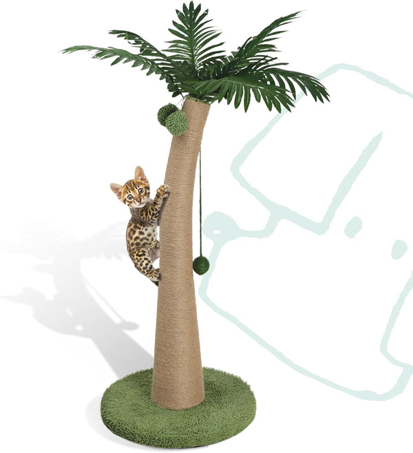 33" Tall Cat Scratching Post, Natural Jute Cat Scratcher for Indoor Cats,Coconut Tree & Straw Design with Hanging Toy Ball & Rest Platform,Stable Furniture Protector for Kittens & Adult Cats,M9