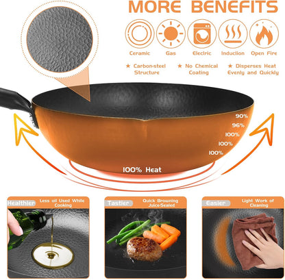 Hand Hammered Carbon Steel Wok, Wooden Lid Asian Spatula with Handle - Stir Fry Pan for Chinese, Japanese, and Cantonese Cuisine – Flat Bottom Wok Cooking by Cookeries / 2 Accessories4