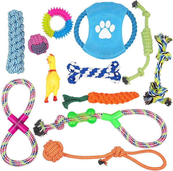 Dog Teething Chew Toys - 12 Pack Small Medium Breed Puppy Toy, Variety Dogs Rope Chew Toys Bundle for Boredom,Pet Interactive Squeaky Toys. Indestructible Cotton Puppy Teething Chew Tug Toys1