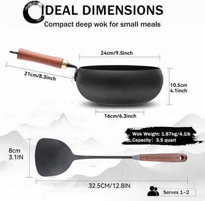 Carbon Steel Wok Pan Flat Bottom Iron Stir Fry Pan Induction Cookware 9.5 Inch Uncoated Small Traditional Skillet with Lid7