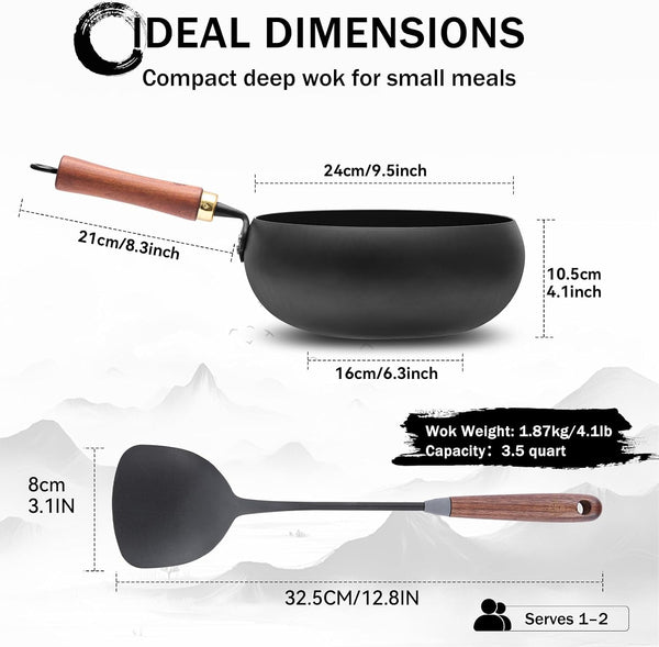 Carbon Steel Wok Pan Flat Bottom Iron Stir Fry Pan Induction Cookware 9.5 Inch Uncoated Small Traditional Skillet with Lid7
