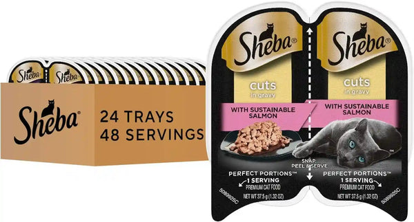 Sheba Perfect Portions Cuts Wet Cat Food, Sustainable Salmon, 2.6 Oz, 24 Ct | Grain-Free, Sustainable Salmon, 48 Servings, No Fillers or Artificial Flavors, Essential Vitamins & Minerals, Twin-Pack Trays1