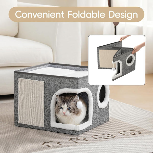 Cat Beds for Indoor Cats,Large Cat Cave House with Scratch Pad and Fluffy Ball,Foldable Cat Condo Hideaway, Modern Kitten Bed, Grey6