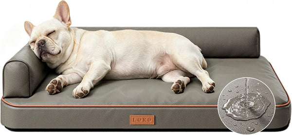 Outdoor Waterproof Dog Bed for Small Dogs, Egg Crate Foam Crate Pad with Raised Bolster, Removable Washable Leather-Look Cover, Non-Slip Bottom, Brown, for Dogs up to 20 In. Long9
