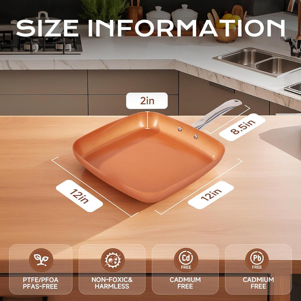 Non-Stick Copper Square Frying Pan, 12" Chef Skillet with Ceramic Coating, Oven Dishwasher Safe, Pfoa-Free, Home Use for All Stoves3