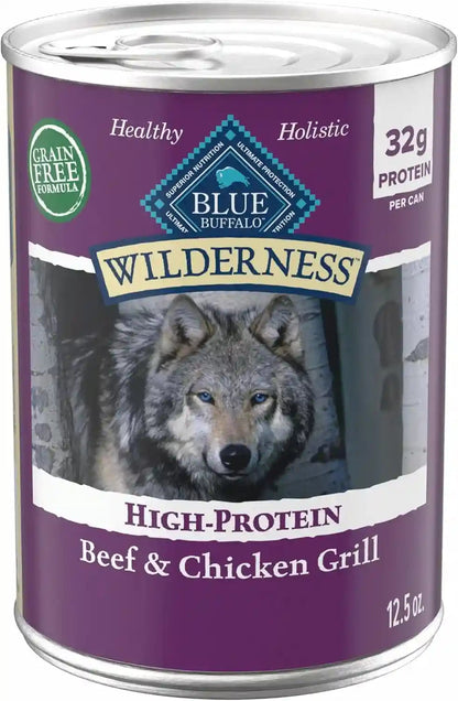 Blue Buffalo Wilderness Grain Free Adult Wet Dog Food, Beef & Chicken Grill, 32G Protein per Can, 12.5 Oz. Can (Pack of 12)1