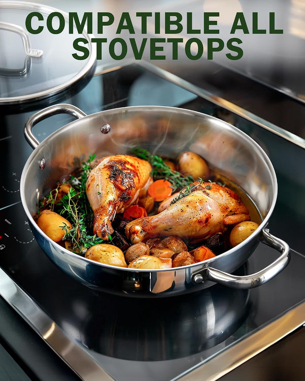 Tri-Ply Clad 12-Inch Stainless Steel Wok Pan with Lid, Flat Bottom Wok Stir Fry Pan, Dishwasher and Oven-Safe, Compatible with All Cooktops3