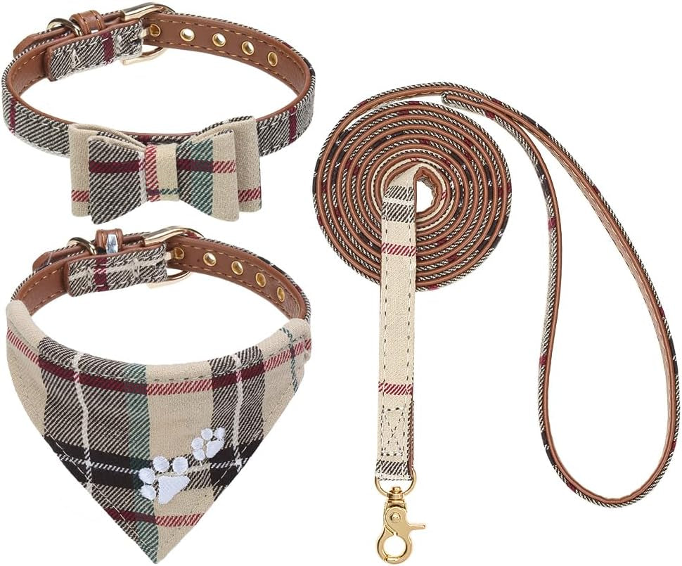 expawlorer-puppy-collar-and-leash-set-embroidery-pawprints-plaid-dog-collar-and-dog-leash-set-bow-tie-and-bandana-dog-collar-with-bell-cute-collar-and-leash-for-dogs-cats-outdoor-walking-blue-s