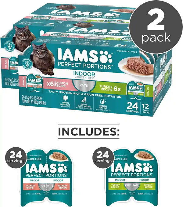 IAMS Perfect Portions Pate Wet Cat Food, Salmon & Turkey, 12 Count, 2-Pack | Grain-Free, Antioxidant Vitamin E for Immunity, Prebiotic Fiber for Digestion, Snap-Peel-Serve 2.6 Oz. Twin-Pack Trays2
