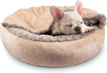 JOEJOY Small Dog Bed Cat Bed with Hooded Blanket, Cozy Cuddler Luxury Puppy Pet Bed, Donut round Calming Anti-Anxiety Dog Burrow Cave Bed - Anti-Slip Bottom and Machine Washable 23 Inch10