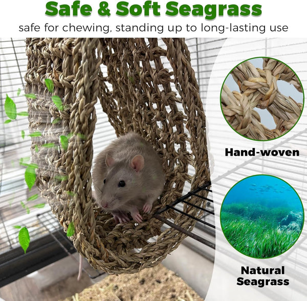 30X7Inch Rat Climbing Toys for Cage, Chewable Natural Seagrass Mat | with Metal Hooks, Soft Fall Breakers for Rats, Rat Ladder Bridge Toy with Mild Grassy Scent, Rodent Hammock Cage Accessories3