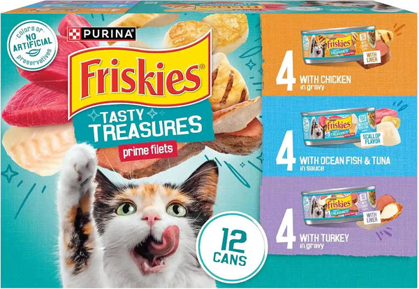 Purina Friskies Wet Cat Food Variety Pack, Tasty Treasures Prime Filets (With Ocean Fish and Tuna, with Chicken and with Turkey) - 5.5 Ounce (Pack of 12)1