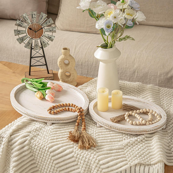 Farmhouse Oval Wooden Decorative Trays Set of 2, Distressed White Solid Wood Beaded Trays for Coffee Table, Kitchen Counter, Ottoman & Dining Table Centerpiece Decor2