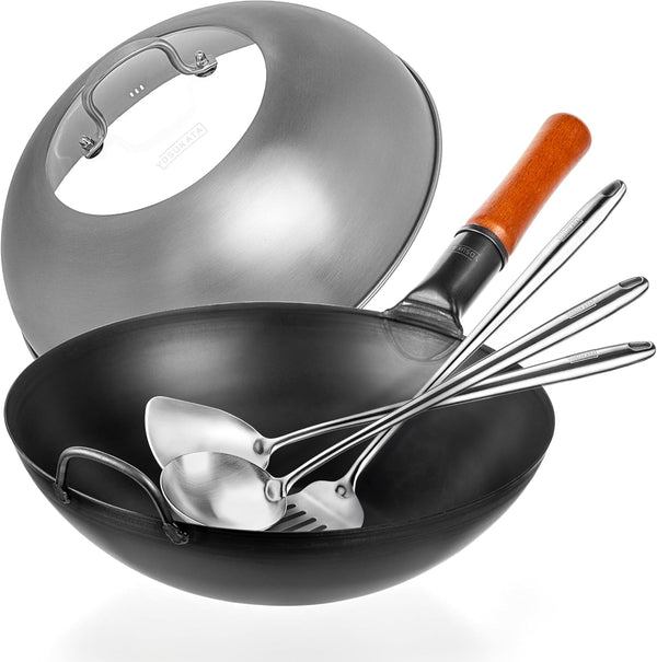 Carbon Steel Wok Pan – 13,5 “ Stir Fry Pans with Flat Bottom + Stainless Steel Wok Lid 12.8 in + 17" Spatula and Ladle and Turner Spatula1