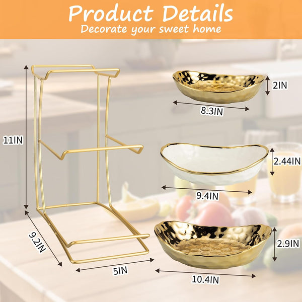 3 Tier Ceramic Fruit Bowl for Kitchen Counter with Metal Rack, Fruit Basket with Stand, Porcelain Bowls for Vegetable Bread Candy Snack Nuts Dessert Cake Tray (Gold 3 Layer)2