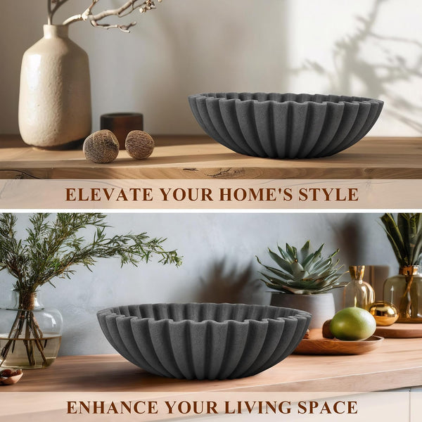 Large Decorative Bowl, Modern Handicraft Bowls for Home Decor, Decorative Fruit Bowl for Kitchen, Ruffle Bowl Decor, Stylish Key Bowl for Entry Table, Artificial Stone Black5
