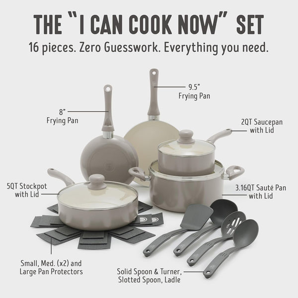 16Pc Ceramic Nonstick Pots & Pans Cookware Set, Beige Taupe | Pfas-Free Nonstick Coating, Stockpot, Frying Pans, Saucepan, Sauté, Induction Ready, All Stovetop Compatible, Dishwasher Safe4