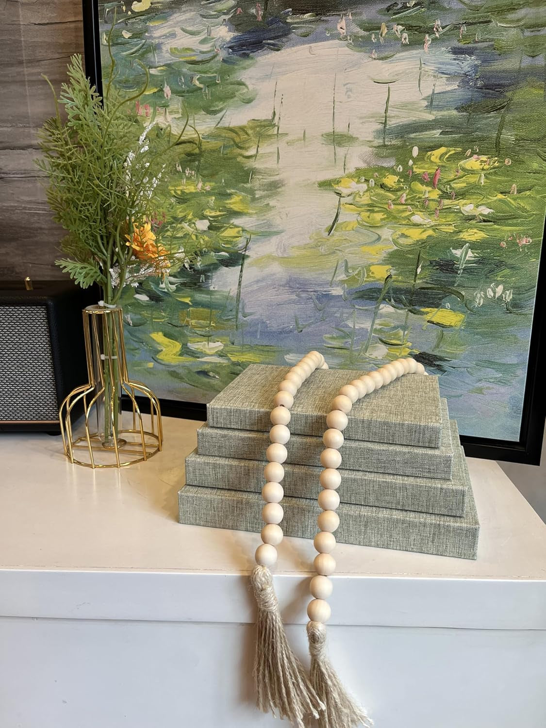 linen-decorative-books-for-home-with-wood-beaded-tassel-4-piece-sage-set-coffee-table-books-neutral-linen-decor-rustic-farmhouse-boho-accent-bookshelf-fireplace-mantel-living-room-display