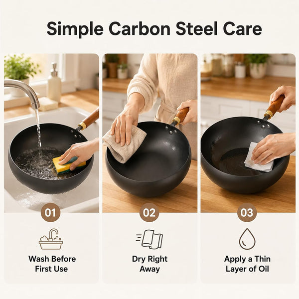 9.5-Inch Carbon Steel Wok with Lid, Flat Bottom Stir Fry Pan | Deep 3.5 QT Bowl for 1–2 Servings; Smooth Carbon Steel Surface; Flat Base for Induction, Gas, Electric and Ceramic Cooktops6