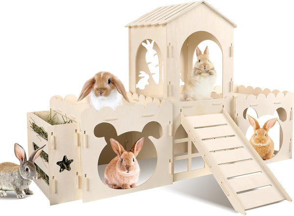 Extra Large Rabbit Castle, Wooden Bunny House &,Detachable Rabbit Hideaway, Indoor Hamster Castle with Ramp, Small Animal Houses & Habitats for Guinea Pig Chinchilla Ferret(3 House)12