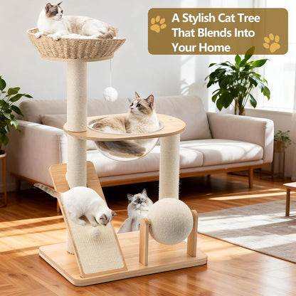 Modern Wooden Cat Tree for Indoor Cats, Furniture Style Cat Tower with Handwoven Basket and Soft Cushion, Acrylic Space Capsule, Sisal Scratching Posts & Interactive Play Ball, 38" Cat Condo9