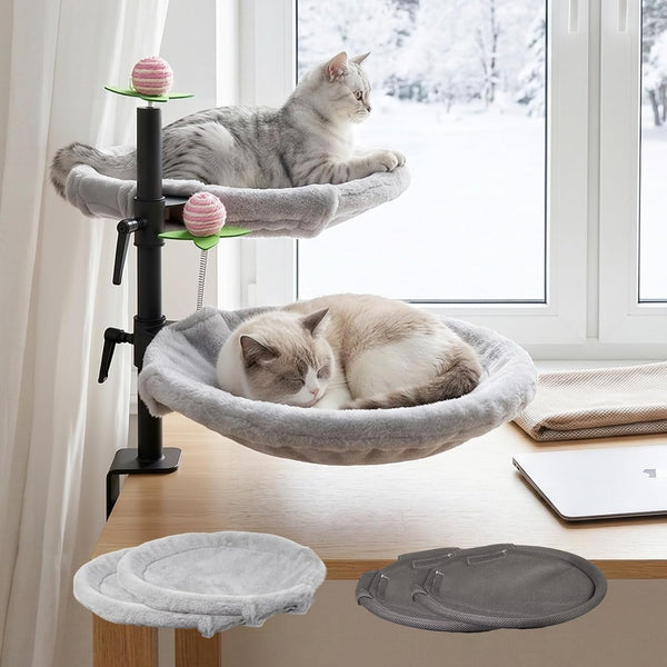 Double Cat Desk Bed, 360° Rotating & Adjustable Desk Mount with Soft Faux Fur & Breathable Mesh Accessories, Ergonomic Cat Perch for Remote Workers,Gamers, and Office Staff - Supports up to 44 Lbs1