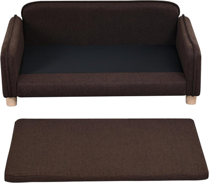 Big Sized Dog Bed -Wooden Frame Pet Sofa Couch, Washable Cushion Cat Couch, Linen Fabric Dog Sofa and Chair for Medium Pet Rest. (Brown)8