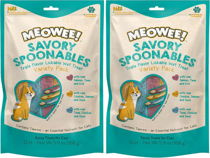 MEOWEE! Savory Spoonables Variety Pack, 12 Count Tube, Triple Flavor Squeezable Lickable Wet Treats for Cats with Built-In Spoon for Less Mess35