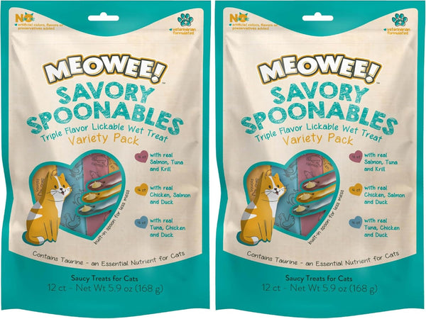 MEOWEE! Savory Spoonables Variety Pack, 12 Count Tube, Triple Flavor Squeezable Lickable Wet Treats for Cats with Built-In Spoon for Less Mess35