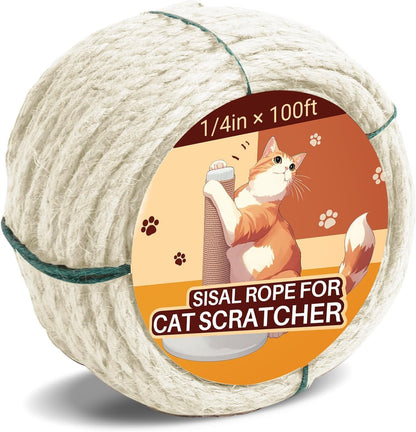 Sisal Rope for Cat Scratcher 1/4" 100 Ft Cat Tree Twine for Repairing Cat Scratching Post Replacement DIY Hemp Rope for Carpet Mat, Pet, and Crafts Gardening Home Decorating1