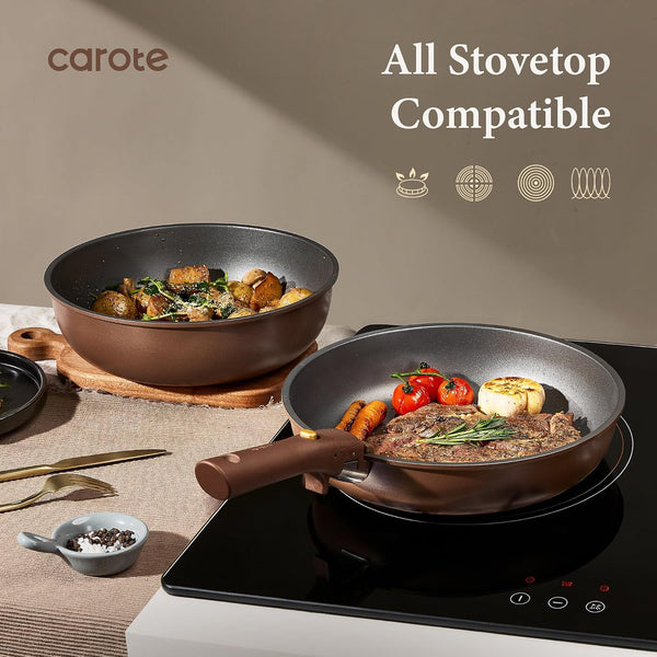 21Pcs Pots and Pans Set, Nonstick Cookware Set Detachable Handle, Induction Kitchen Cookware Sets Non Stick with Removable Handle, RV Cookware Set, Oven Safe, Brown8