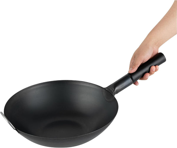 Carbon Steel Wok 1 Pack of 13.3 Inch Heavy-Duty Uniform Heat Distribution Pan Induction Compatible Flat Bottom Wok Welded Handle Black for Gas Stovetops and Grills9