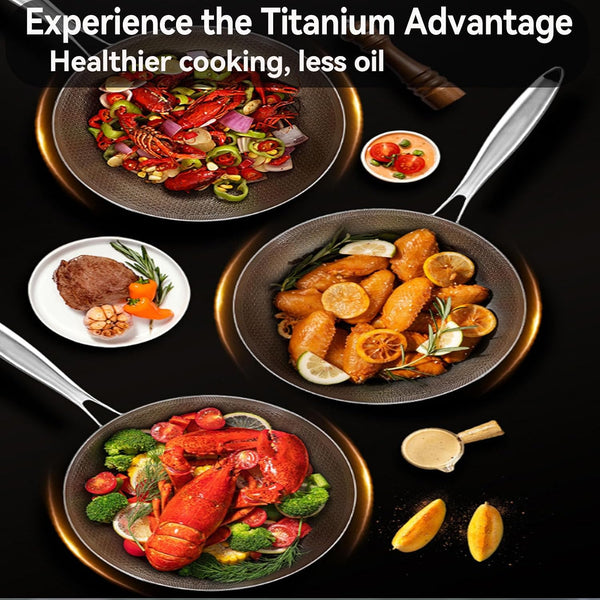Titanium Wok for Cooking, Titanium Frying Pans, Multifunctional Ultra-Durable Scratch-Resistant Non Stick Even Heating Titanium Wok for Cooking,Includes Lid,9.44In6
