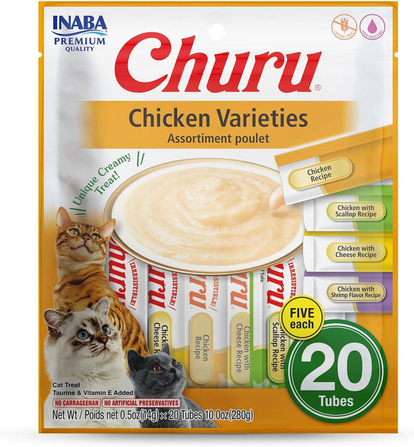INABA Churu Cat Treats, Lickable, Squeezable Creamy Purée Cat Treat with Green Tea Extract & Taurine, 0.5 Ounces Each Tube, 20 Tubes, Tuna Variety15