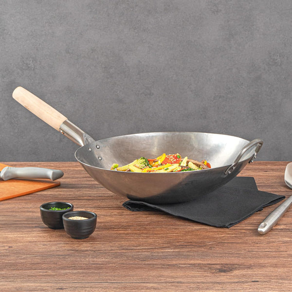 Carbon Steel Wok 1 Pack of 14 Inch Heavy-Duty Stir Fry Pan Silver Hand Hammered Wok Efficient Maneuvering Steel Helper Handle Uniform Heat Distribution Asian Cooking8