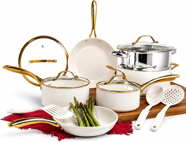 15 Pc Pots and Pans Set Non Stick Ceramic Cookware Set | Utensils Set Included, Non Toxic PFOA/PFOS/PTFE Free, Stay Cool Stainless Steel Handles, Dishwasher & Oven Safe, Cream1