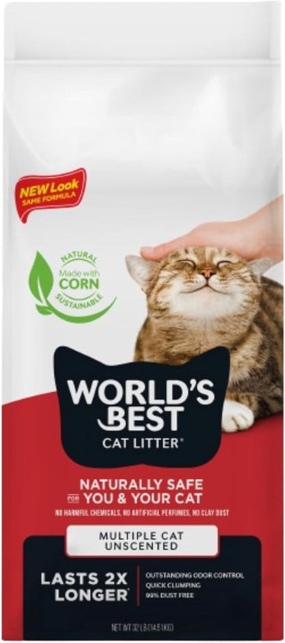 World'S Best Cat Litter, Multiple Cat, Unscented, Odor Control, 15 Lb Bag | Controls Tough Multi-Cat Odors and Lasts 2X Longer; Natural Corn Litter, Quick Clumping, Flushable, 99% Dust Free10